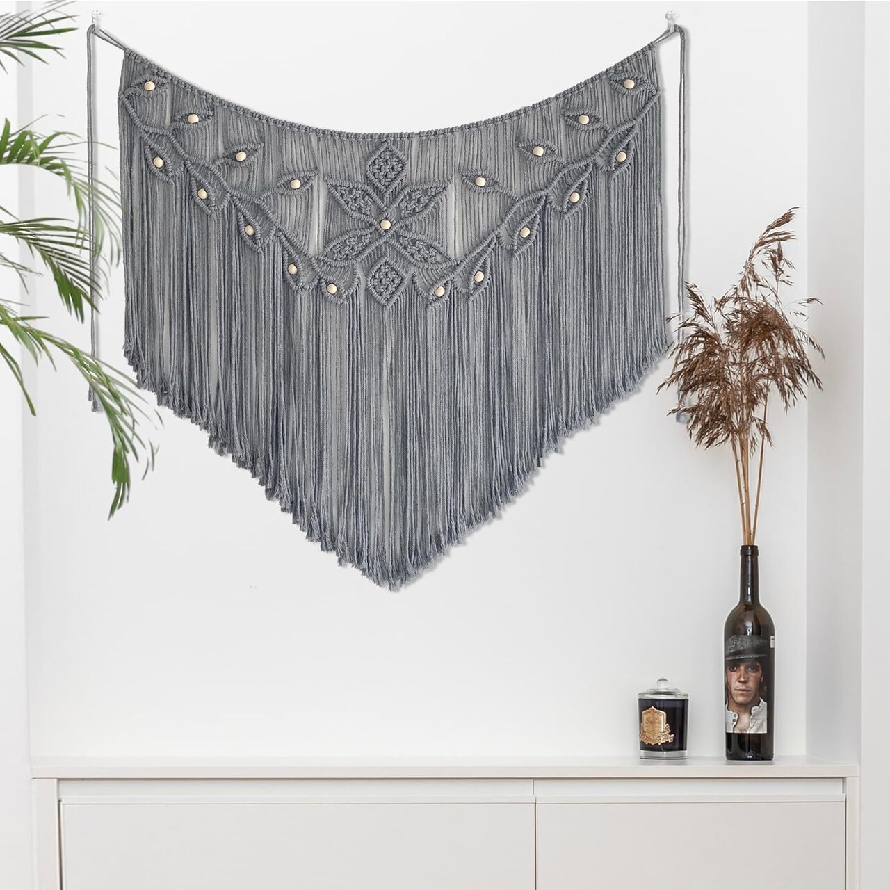 Macramé Wall Hanging – Large Boho Curtain with Leaf Shapes and Beads, Gray Tassel Woven Tapestry for Headboard, Backdrop, or Wall Décor